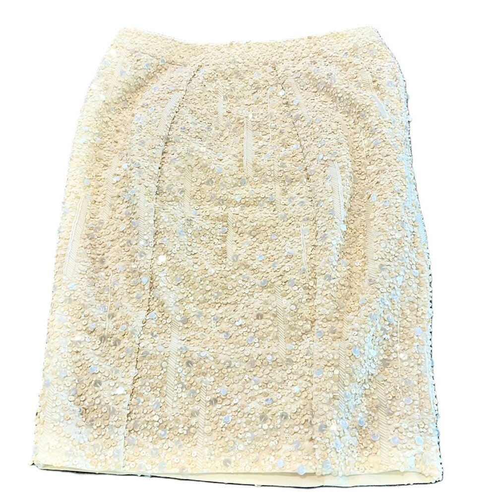 PORTS 1961 Beaded Sequin Skirt Talc Ivory Cotton Linen Blend Size 6